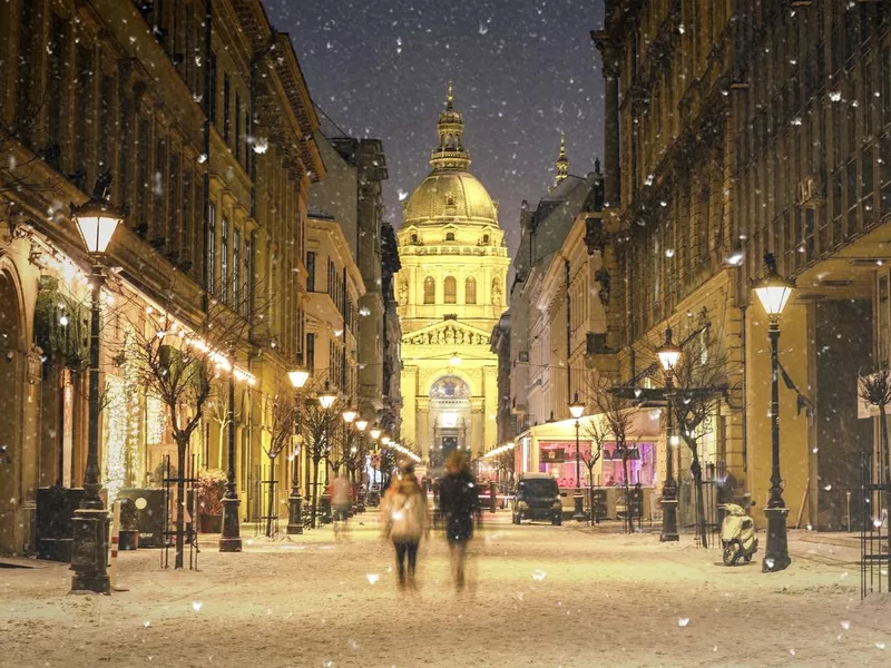 Illuminated cityscape of Zrinyi Street in Budapest