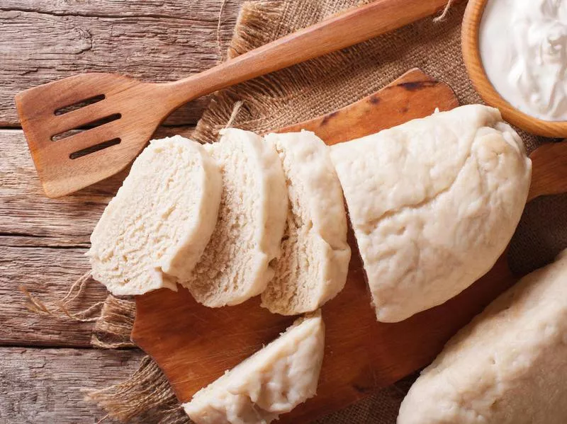 Sliced yeast knodel close-up on the table