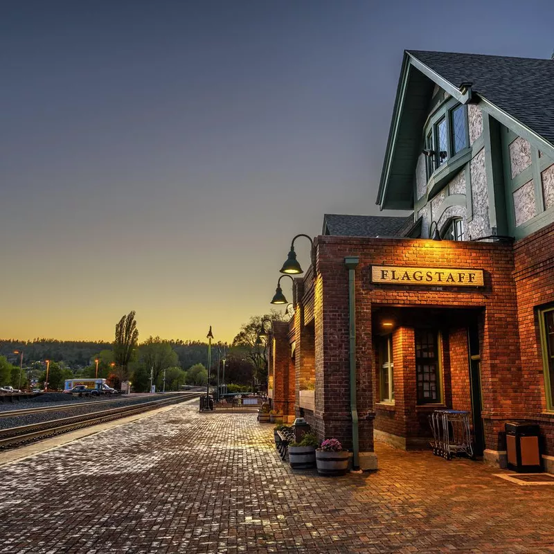 Historic Flagstaff railway station at sunset