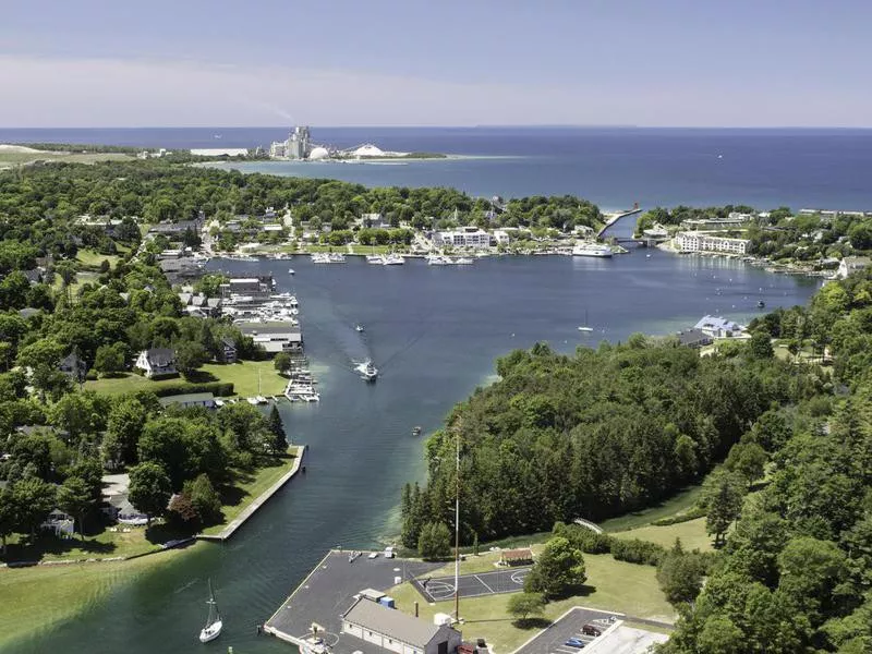 Aerial view of Round Lake in Charlevoix, Michigan