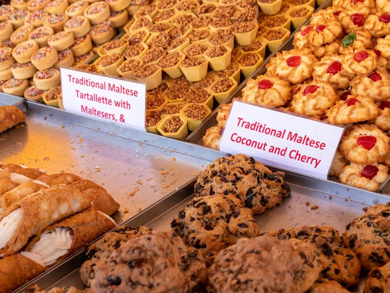 Traditional Maltese dessert, cannoli in Marsaxlokk open market in Malta