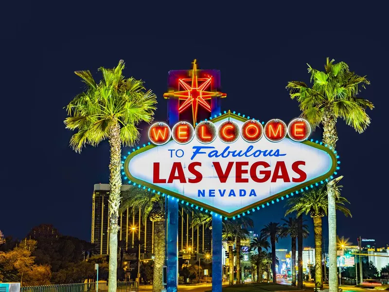 famous Las Vegas sign at city entrance, detail by night