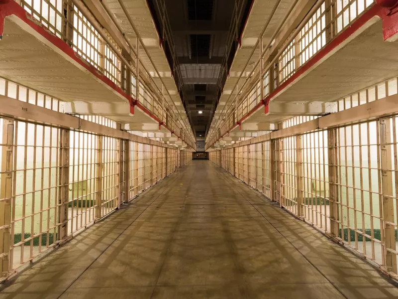 Brodway, the main corridor of the cellhouse dividing B and C Blocks of Alcatraz Prison at Alcatraz Island.