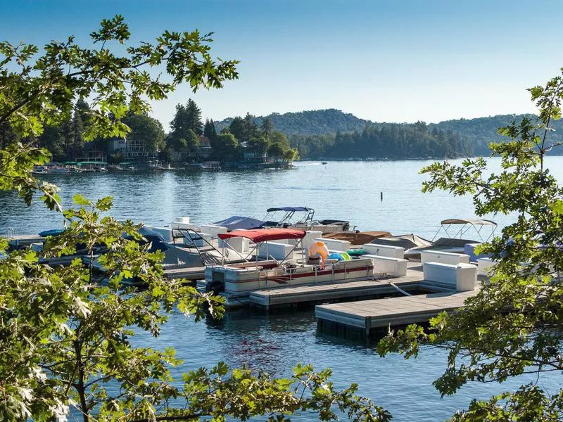 Pier and boats on Lake Arrowhead, CA