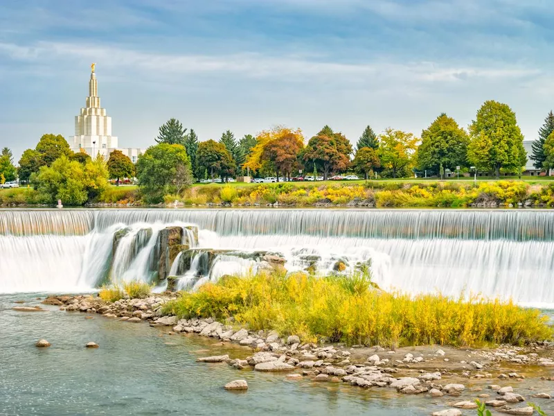 Idaho Falls Temple and waterfall Idaho USA