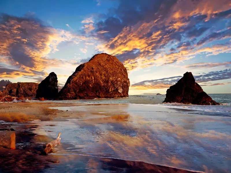 dramatic view of beach in brookings in oregon at sunset