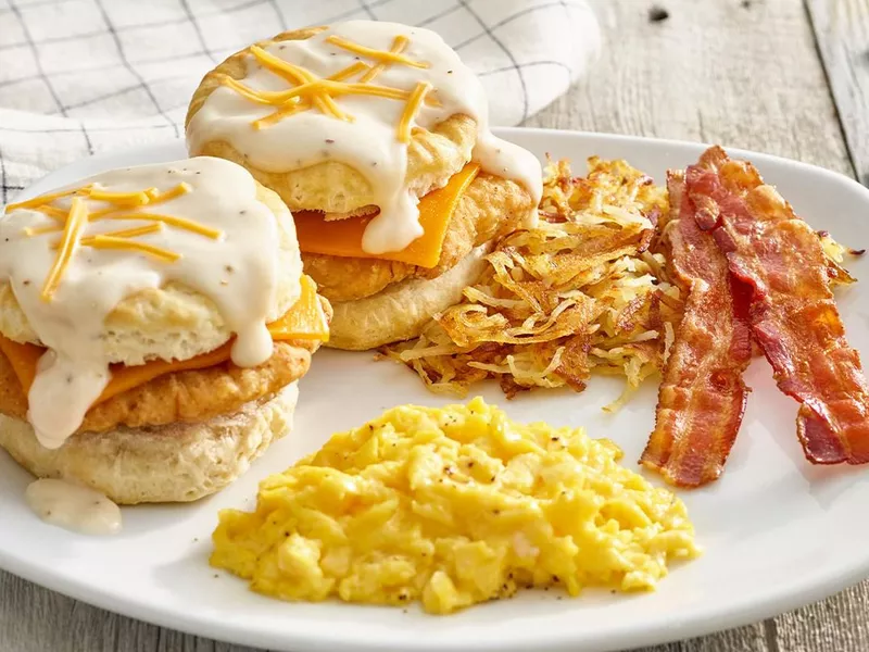 Southern fried chicken biscuit breakfast at Perkins