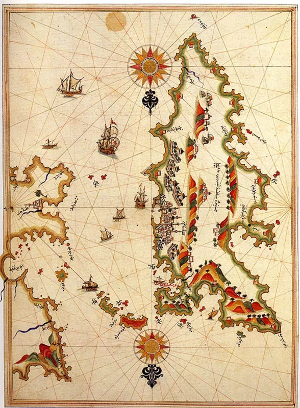 A 16th-century detailed map of the island of Chios by Piri Reis.