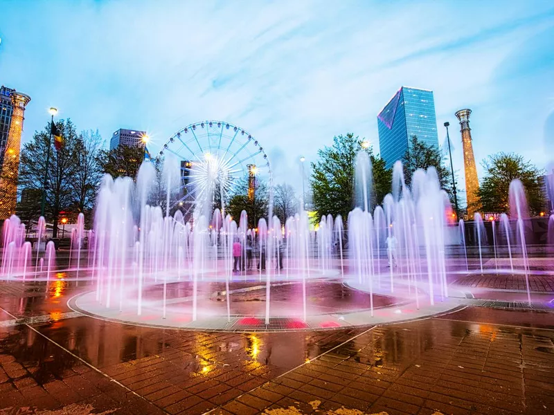 Colorful Centennial Fountain at night, Atlanta