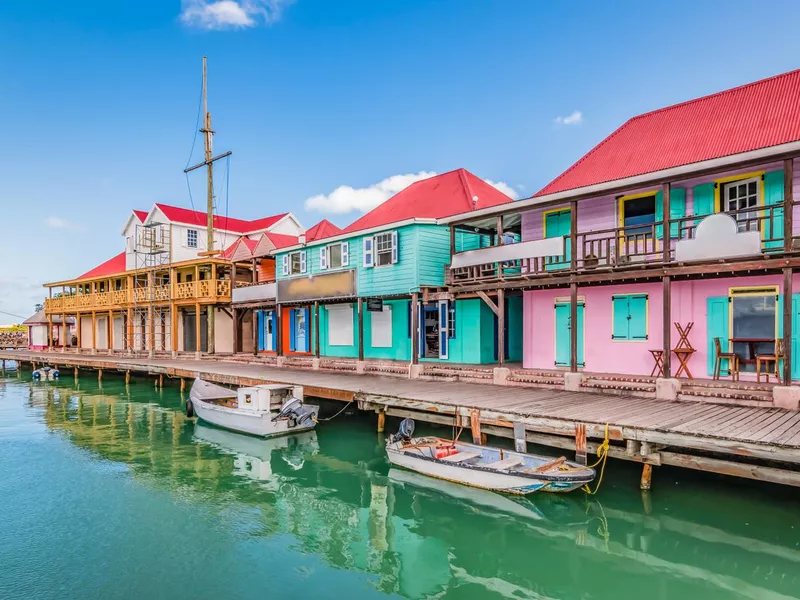 St John's, Antigua. Colorful buildings at the cruise port.