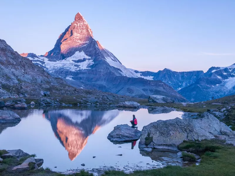 Early morning dawn scene of sunrise on the Matterhorn Mountain