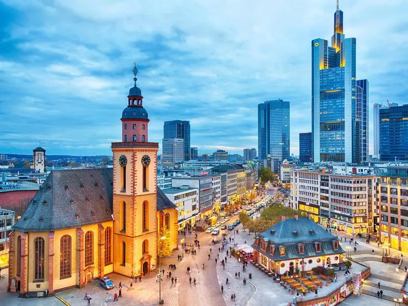 Frankfurt at sunset, with St. Paul's Church and the Hauptwache Main Guard building