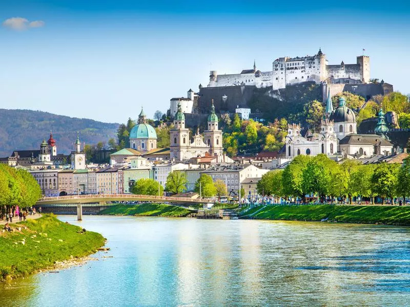 View of Salzburg skyline with Festung Hohensalzburg and Salzach river