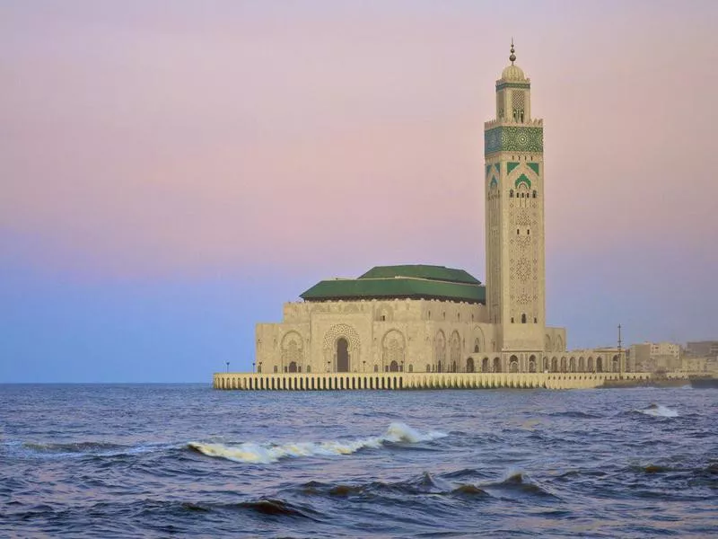 King Hassan II mosque in Casablanca at dusk