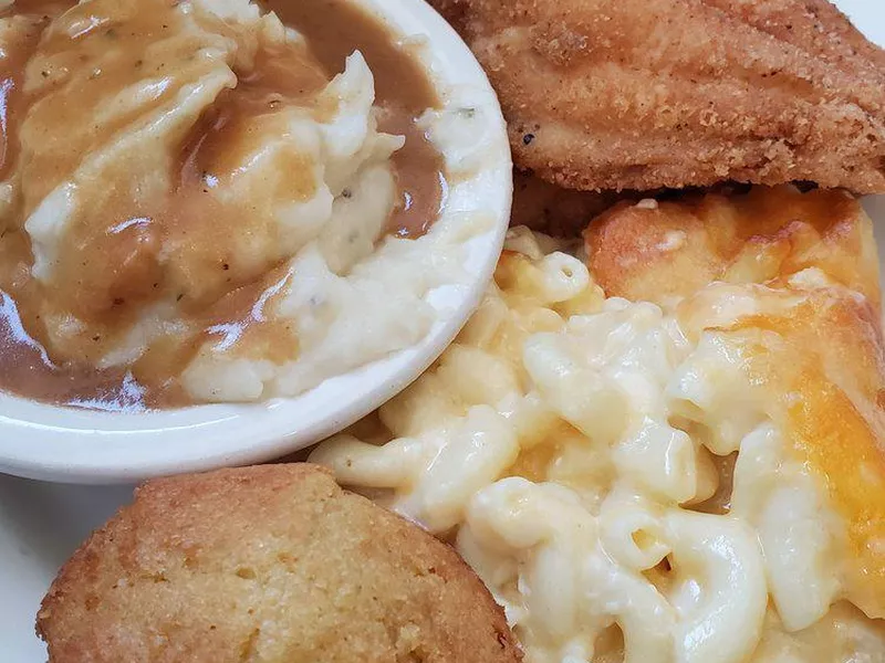 Fried catfish, macaroni and cheese, and mashed potatoes from Florida Avenue Grill