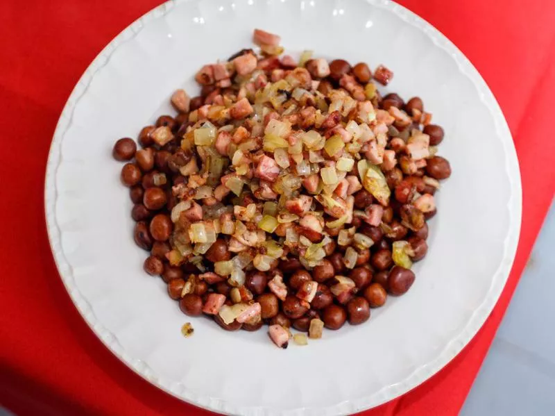 Grey peas with bacon and onions Latvian-style. Traditional national dish for Christmas in Latvia, eastern Europe