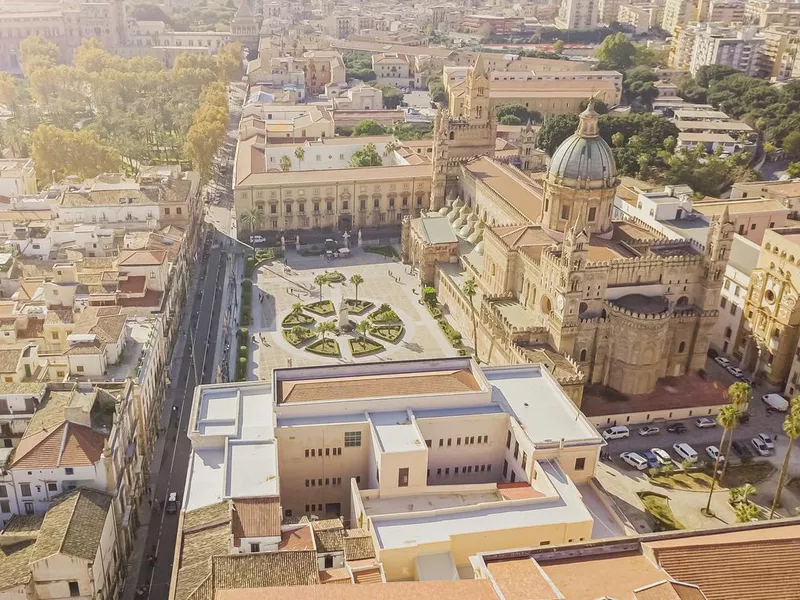 drone aerial view of old famous destination town Palermo is located in the northwest of the island of Sicily