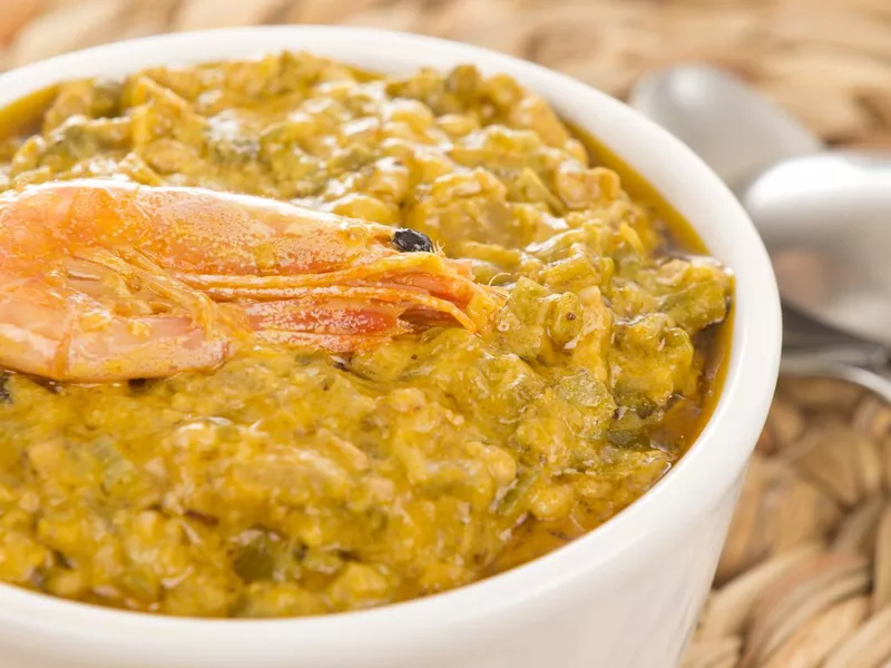 A close-up of a bowl of caruru