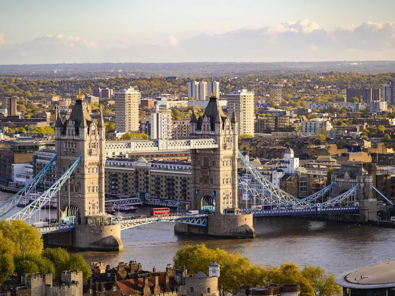 Tower Bridge with red London bus