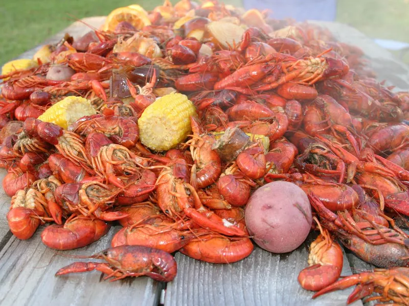 Huge serving of crawfish boil with vegetables