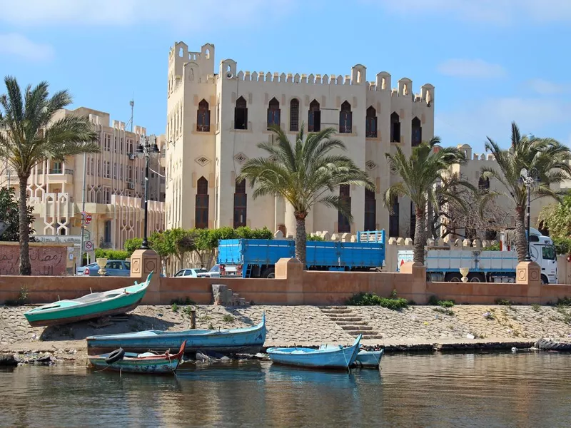 boats parking in front of the coast on Rasheed city in Egypt