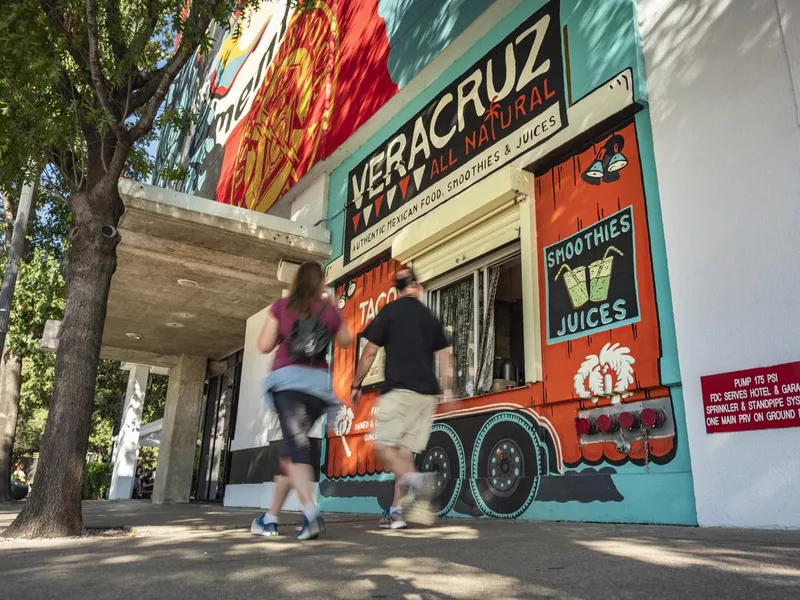 Colourful shops and cafés on South Congress Street in Austin Texas USA