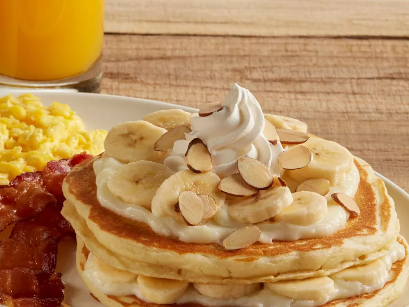 Eggs, bacon and banana cream pie pancakes at Marie Callender’s