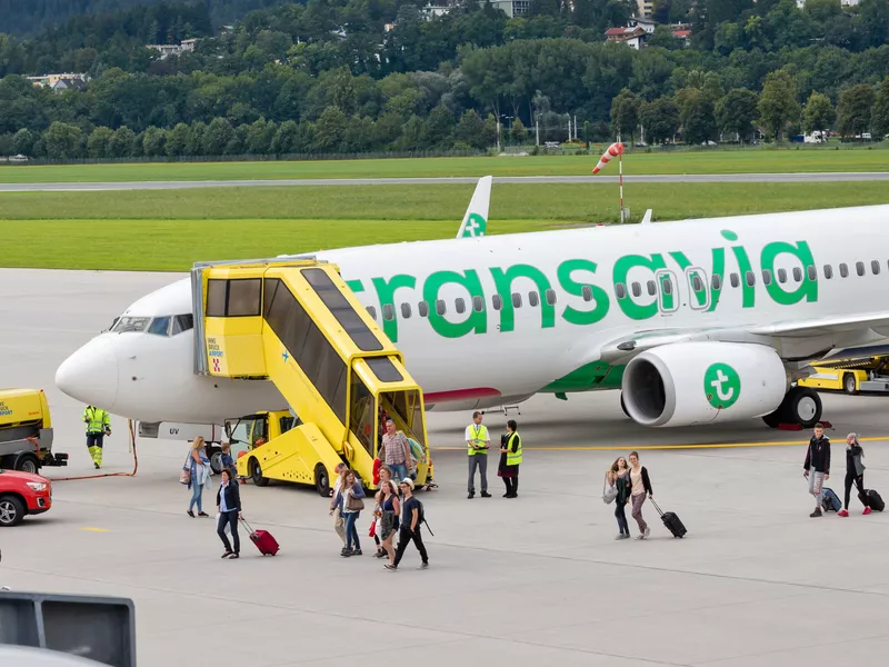 Passengers getting off Transavia plane