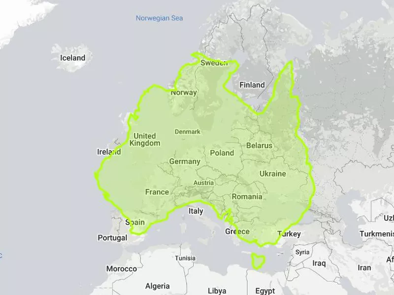 True size of Australia compared to Europe