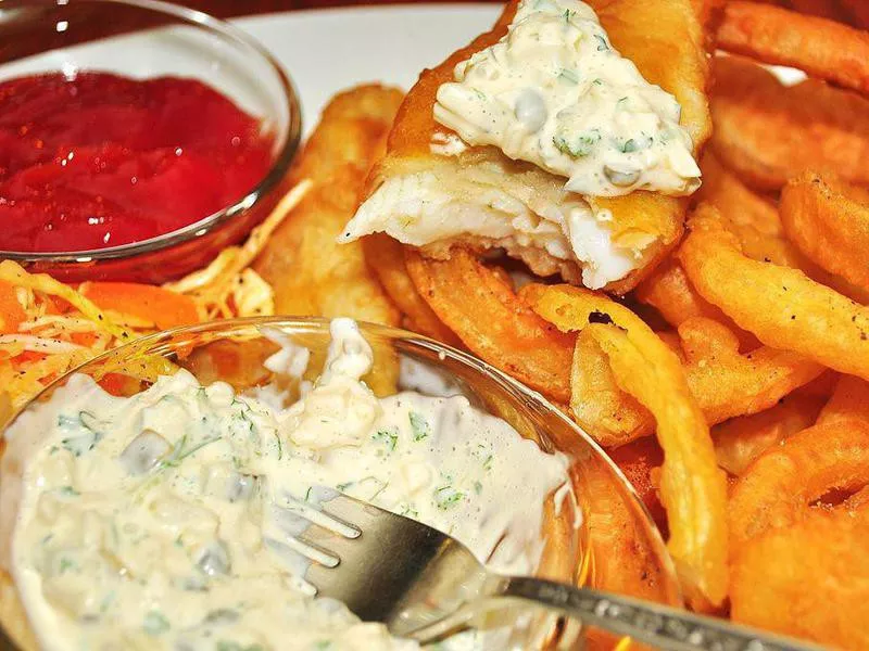 Tartar sauce on fish and chips in Spokane, Washington