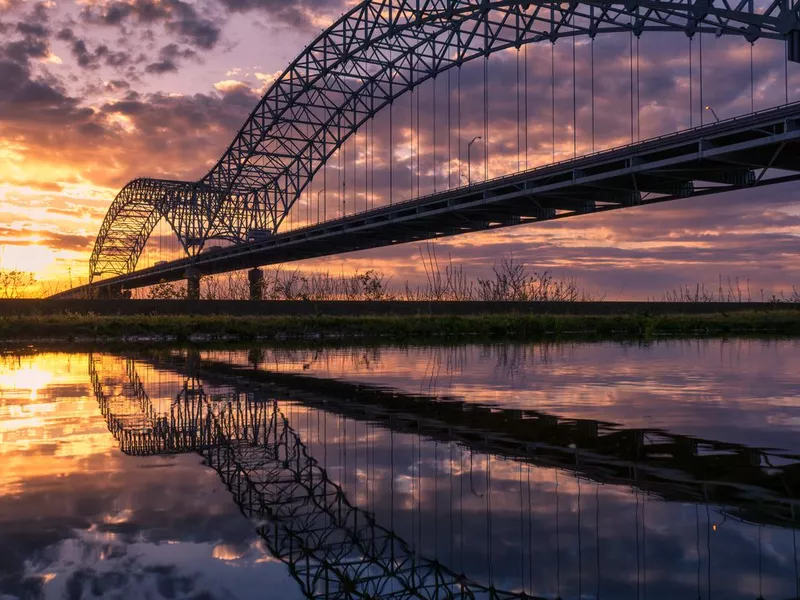 Hernando de soto bridge Memphis Skyline Reflections at Sunset