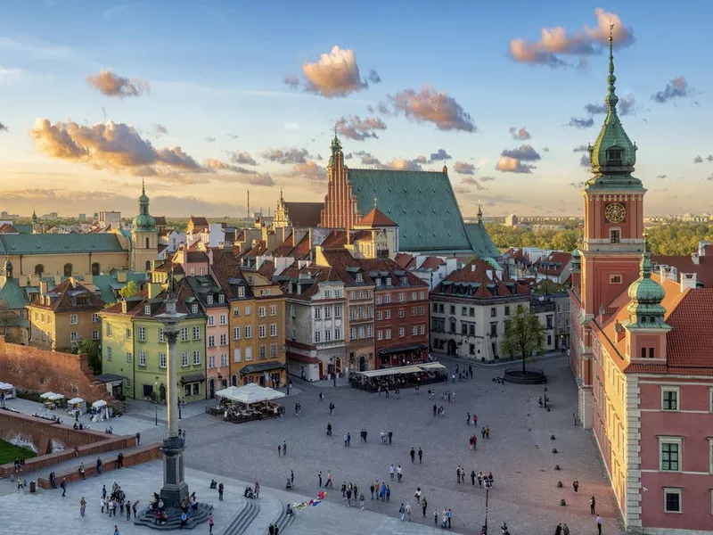 Warsaw, Royal castle and old town at sunset