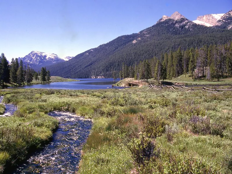 Source of the Green River as it leaves Green River Lake through lush mountain meadows in the Wind River Range Wyoming