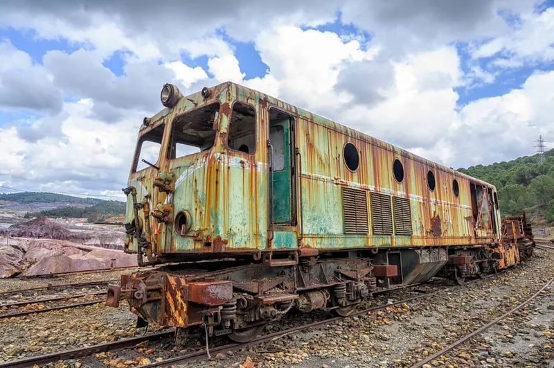 Abandoned, rusting wagon in the abandoned mines of Rio Tinto, Spain