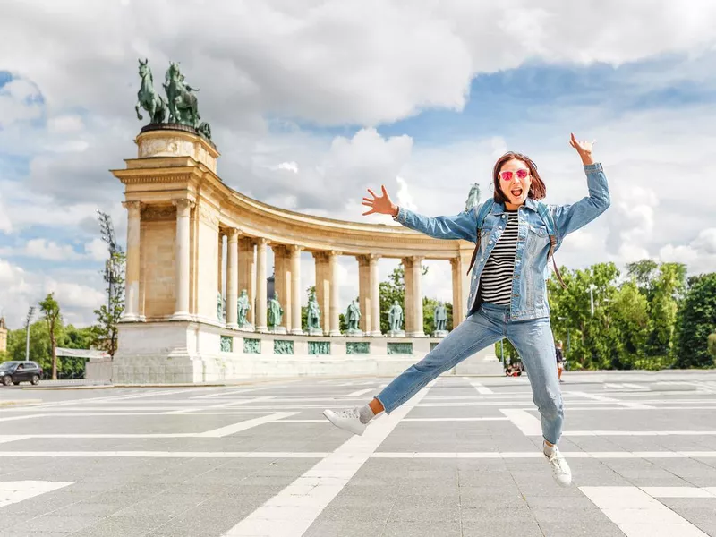 Tourist at Heroes Square in Budapest