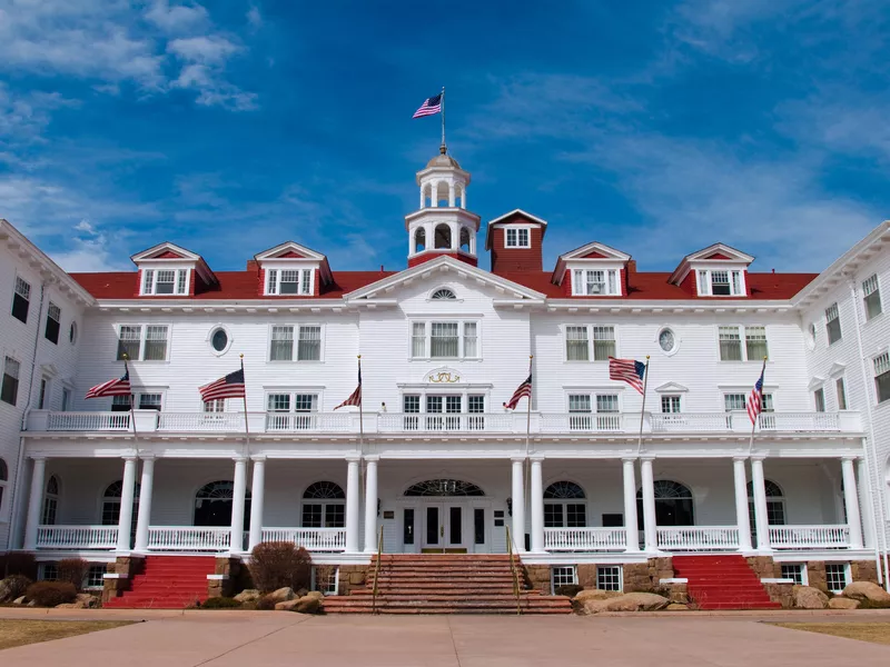 Stanley Hotel with blue sky in Estes Park, Colorado