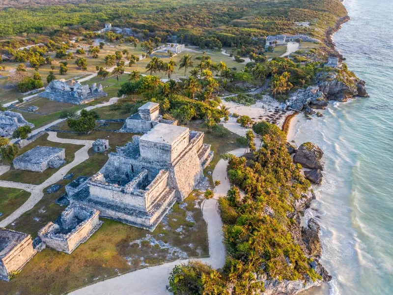 Drone view of El Castillo, Tulum ruins archeological zone, Mexico