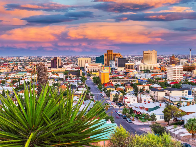 El Paso, Texas, downtown city skyline, with Juarez, Mexico, in the distance