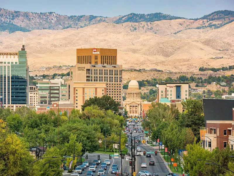 boise, idaho downtown with mountains in the backdrop