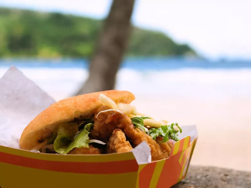 Fried shark and bake food by the beach at Maracas Bay