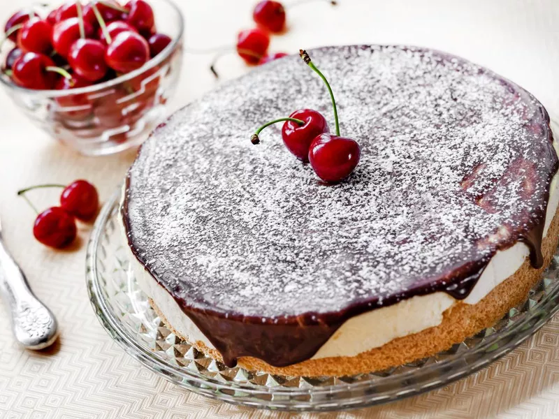 Bird's Milk souffle cake, covered with chocolate glaze