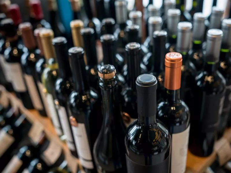 Close up of different wine bottles at a wine store