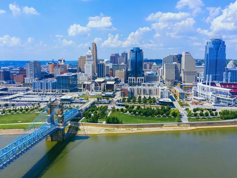 Cincinnati skyline aerial view with Ohio river