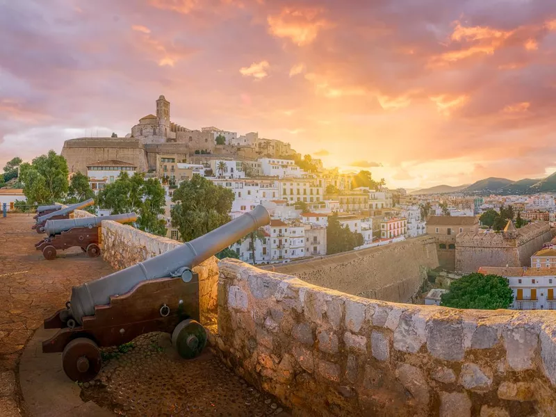 Landscape with Eivissa at sunset time, Ibiza island