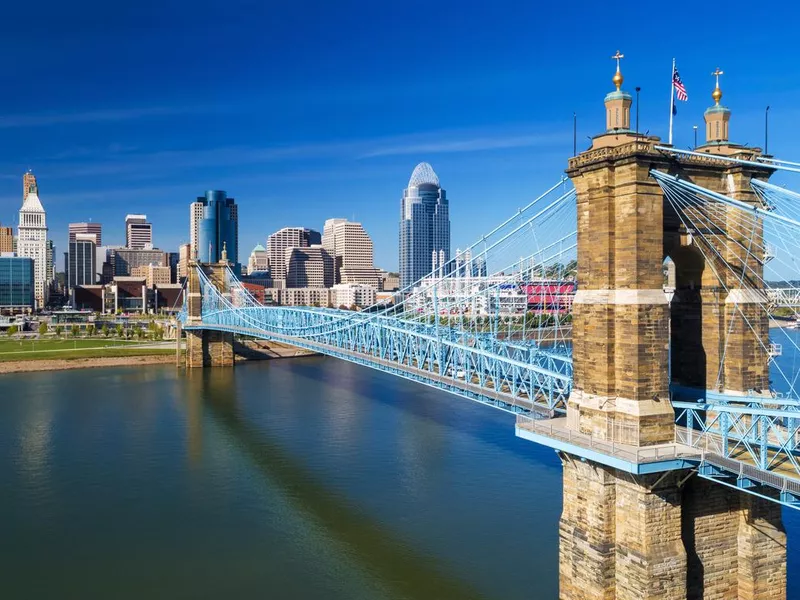 Cincinnati's Roebling Suspension Bridge With Downtown Skyline, Elevated View