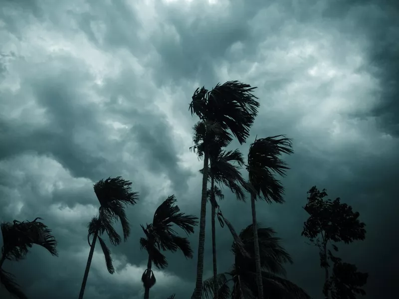 Thick dark black heavy storm clouds covered summer sunset sky horizon.