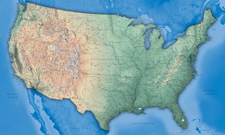 Physical USA Map with State boundaries and City Names