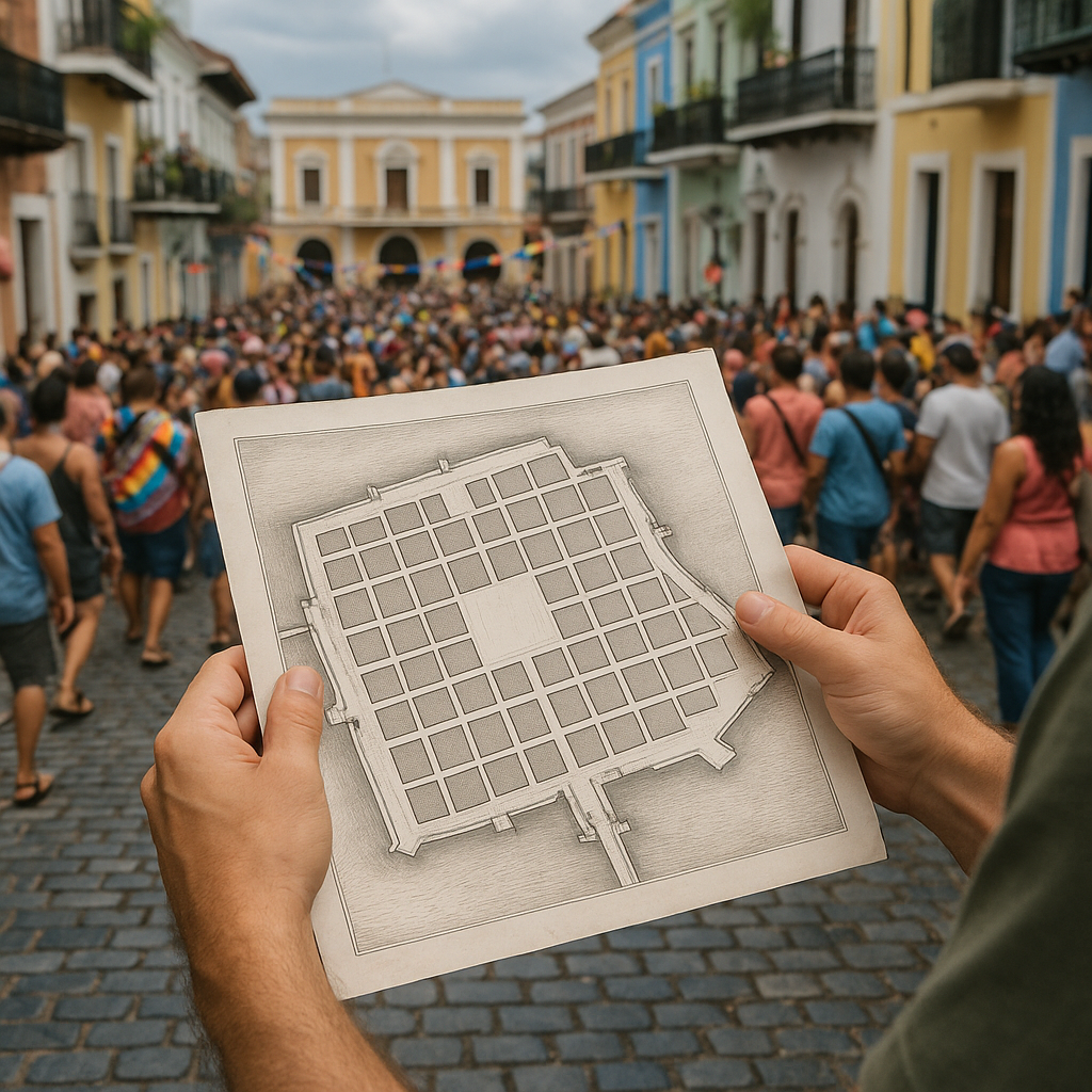 Colonial street grids that predict where festivals bottleneck