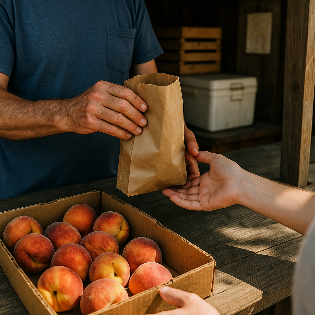 Roadside orchard stands: shoot the hands, not the sign