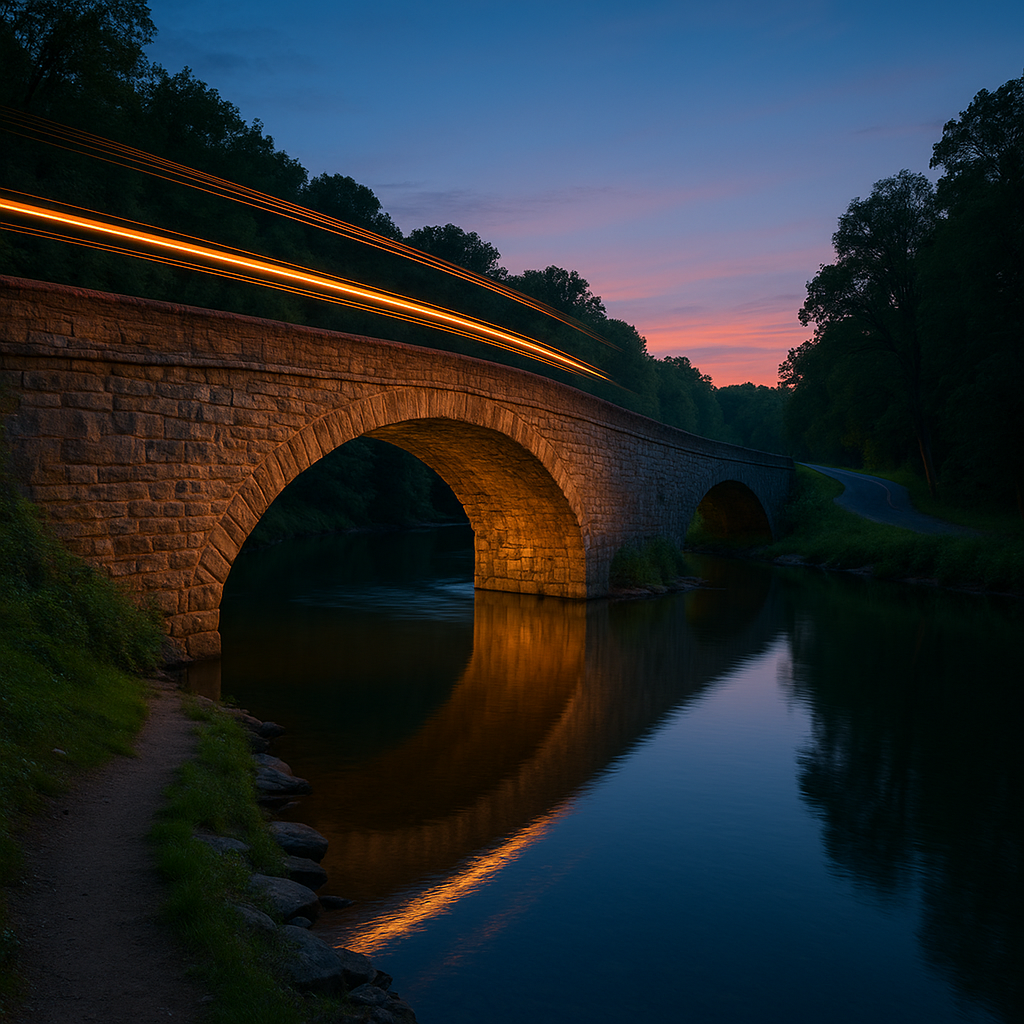 Stone-Bridge Blue Hour: where the road meets the river